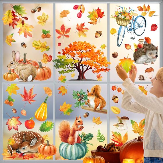 9 Aufklebern Thanksgiving Herbstdeko Fenster Aufkleber,Fensterbilder Herbst Selbstklebend Thanksgiving Herbstdekorationen Herbst Fensterbilder Herbstblätter Deko Fenster Aufkleber (B)