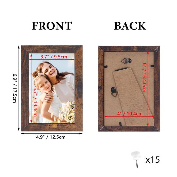 HORLIMER 15er Bilderrahmen Set 10x15 cm, Bruan Bilderrahmen mit Holzmaserung, Fotorahmen Collage für 15x10 Fotos und Bilder, Wand- oder Tischaufstellung