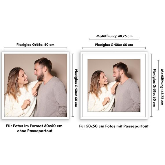 Americanflat Bilderrahmen 60x60 cm Weiß - Bilderrahmen 50x50 cm mit Passepartout - aus Kunststoff mit poliertem Plexi-Scheibe