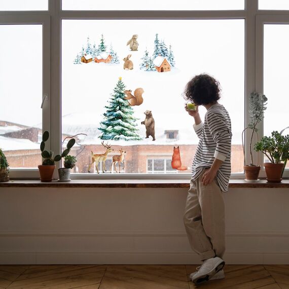 6 Blatt Weihnachten Fensterbilder Doppelseitig Fensterdeko Wiederverwendbar Fenstersticker Selbstklebend Fenster Aufkleber Deko Winter für Glas Kinderzimmer Fensterfolie (6 Blatt Weihnachtswald)