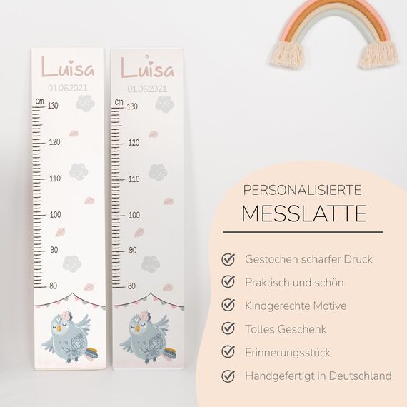 Kidsmood - Personalisierte Messlatte Kinder aus Aluverbund – Hochwertige Messleiste & Wand-Deko für Kinderzimmer mit niedlicher Eule – Tolles Taufgeschenk für Mädchen & Jungen - Skala 65-140cm