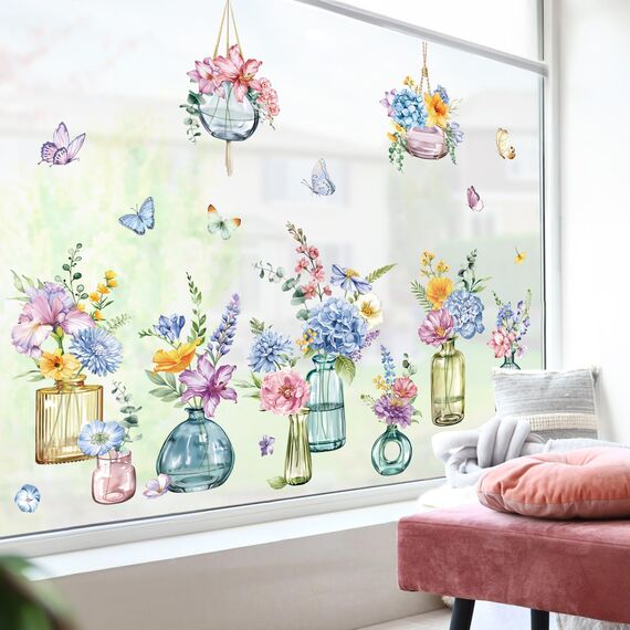 decalmile Fensteraufkleber Frühling Garten Blumen Topfpflanze Fenster Abziehbilder Hängende Pflanzen Blumen Schmetterlinge Anti-Kollision Fensterfolie Glas Fensterdeko Aufkleber