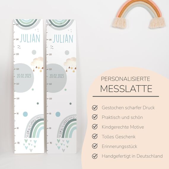 Kidsmood - Personalisierte Messlatte Kinder aus Aluverbund – Hochwertige Messleiste & Wand-Deko für Kinderzimmer mit fröhlichem Regenbogen – Tolles Taufgeschenk für Mädchen & Jungen - Skala 65-140cm