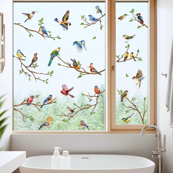 decalmile Fensterbilder Vögel auf Ast Selbstklebend Fensteraufkleber Vogelschutz Sommer Frühling Fenster Abziehbilder Baum Ast Zweige Anti-Kollision Fensterfolie Glas Fensterdeko Aufkleber
