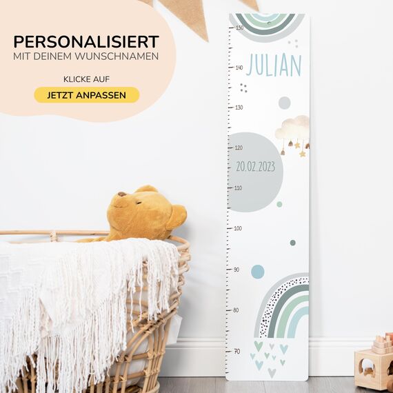 Kidsmood - Personalisierte Messlatte Kinder aus Aluverbund – Hochwertige Messleiste & Wand-Deko für Kinderzimmer mit fröhlichem Regenbogen – Tolles Taufgeschenk für Mädchen & Jungen - Skala 65-140cm