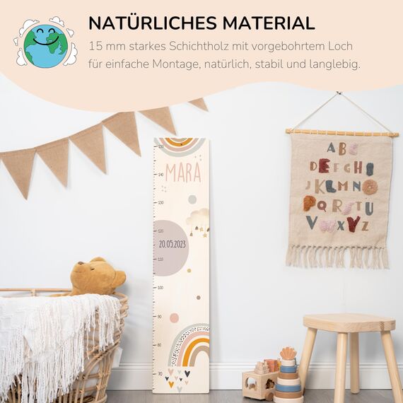 Kidsmood - Personalisierte Messlatte Kinder aus Holz – Hochwertige Messleiste & Wand-Deko für Baby- & Kinderzimmer mit fröhlichem Regenbogen – Tolles Taufgeschenk für Mädchen & Jungen - Skala 65-140cm