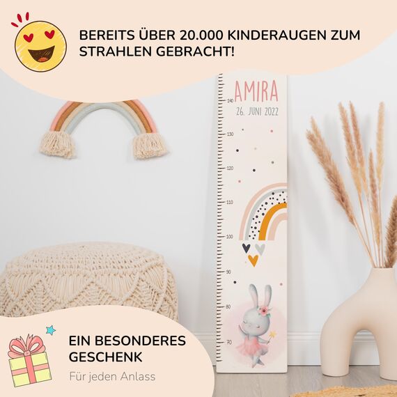 Kidsmood - Personalisierte Messlatte Kinder aus Holz – Hochwertige Messleiste & Wand-Deko für Baby- & Kinderzimmer mit liebevollem Hase – Tolles Taufgeschenk für Mädchen & Jungen - Skala 65-140cm