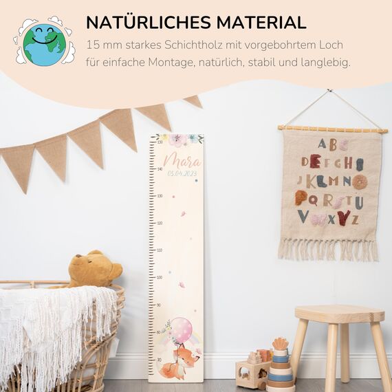 Kidsmood - Personalisierte Messlatte Kinder aus Holz – Hochwertige Messleiste & Wand-Deko für Baby- & Kinderzimmer mit abenteuerlichem Fuchs – Tolles Taufgeschenk für Mädchen & Jungen - Skala 65-140cm