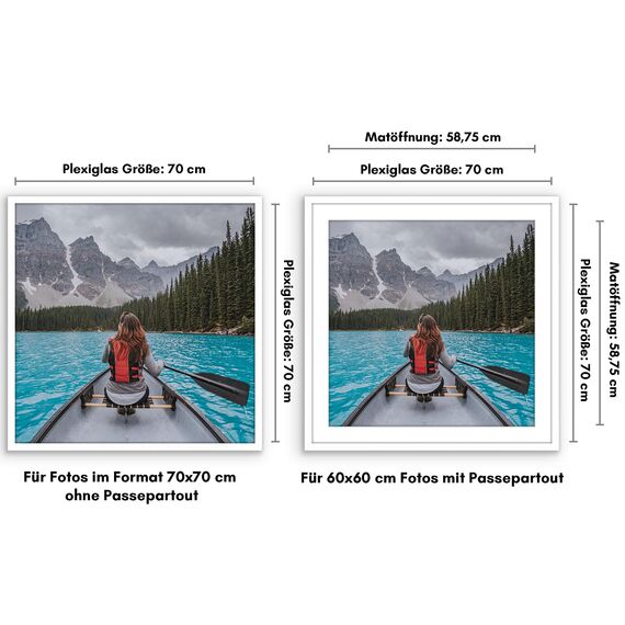 Americanflat Bilderrahmen 70x70 cm Weiß - Bilderrahmen 60x60 cm mit Passepartout - aus Kunststoff mit poliertem Plexi-Scheibe