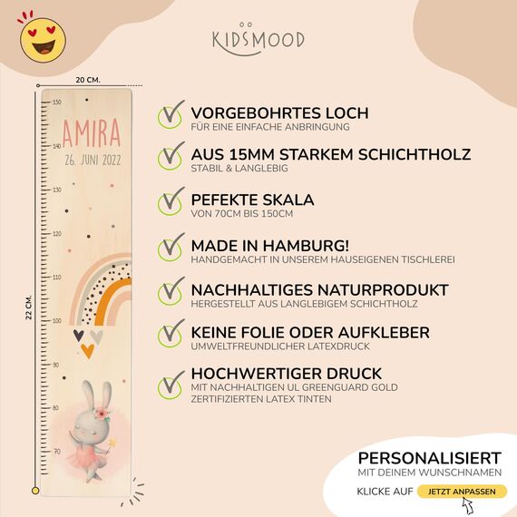 Kidsmood - Personalisierte Messlatte Kinder aus Holz – Hochwertige Messleiste & Wand-Deko für Baby- & Kinderzimmer mit liebevollem Hase – Tolles Taufgeschenk für Mädchen & Jungen - Skala 65-140cm