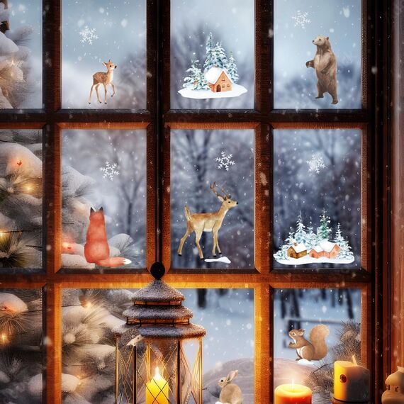 6 Blatt Weihnachten Fensterbilder Doppelseitig Fensterdeko Wiederverwendbar Fenstersticker Selbstklebend Fenster Aufkleber Deko Winter für Glas Kinderzimmer Fensterfolie (6 Blatt Weihnachtswald)