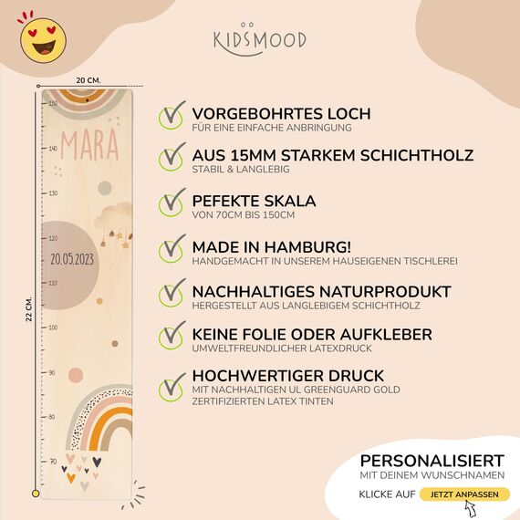 Kidsmood - Personalisierte Messlatte Kinder aus Holz – Hochwertige Messleiste & Wand-Deko für Baby- & Kinderzimmer mit fröhlichem Regenbogen – Tolles Taufgeschenk für Mädchen & Jungen - Skala 65-140cm
