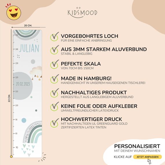 Kidsmood - Personalisierte Messlatte Kinder aus Aluverbund – Hochwertige Messleiste & Wand-Deko für Kinderzimmer mit fröhlichem Regenbogen – Tolles Taufgeschenk für Mädchen & Jungen - Skala 65-140cm