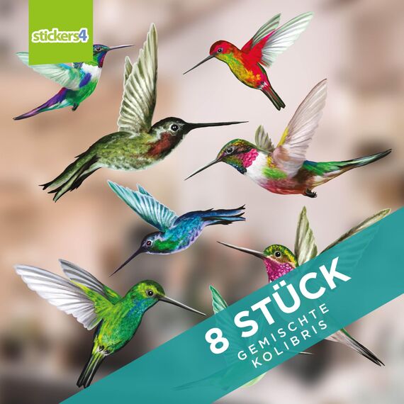 Stickers4 Vogelaufkleber für Fensterscheiben zum Schutz gegen Vogelschlag | Vogelschutz Fenster | 8 x Schöne Kolibri-Glasaufkleber, doppelseitig und selbstklebend zum Schutz gegen Vogelkollisionen