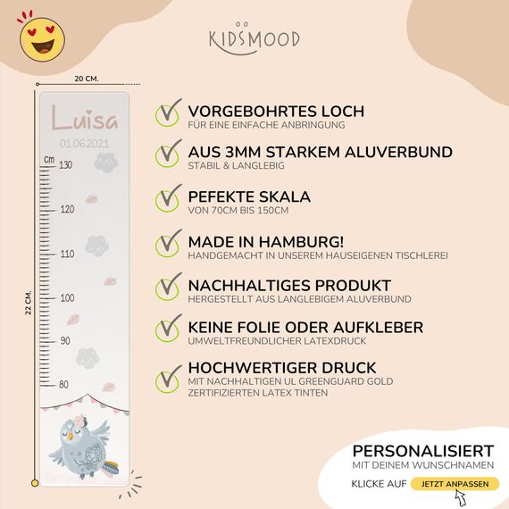 Kidsmood - Personalisierte Messlatte Kinder aus Aluverbund – Hochwertige Messleiste & Wand-Deko für Kinderzimmer mit niedlicher Eule – Tolles Taufgeschenk für Mädchen & Jungen - Skala 65-140cm