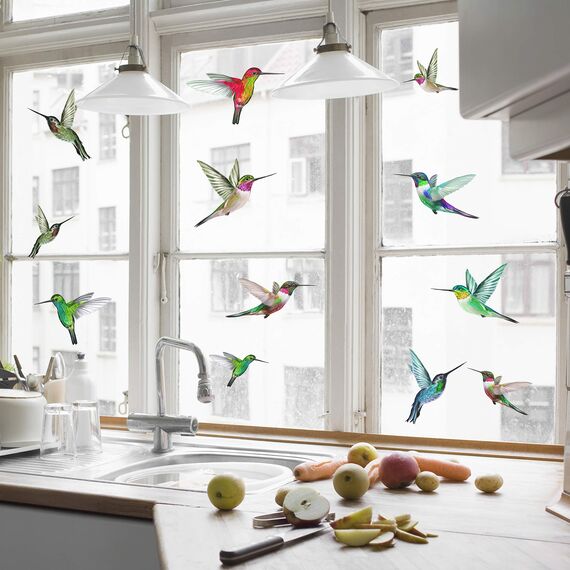 Stickers4 Vogelaufkleber für Fensterscheiben zum Schutz gegen Vogelschlag | Vogelschutz Fenster | 12 x Schöne Kolibri-Glasaufkleber, doppelseitig und selbstklebend zum Schutz gegen Vogelkollisionen