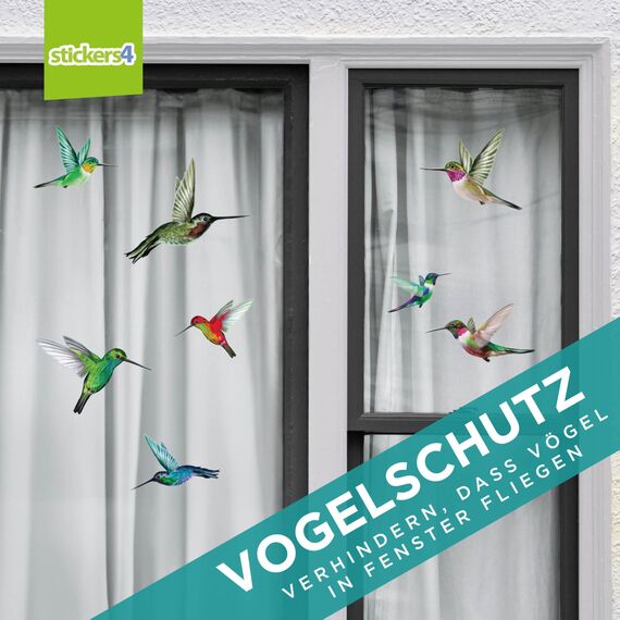 Stickers4 Vogelaufkleber für Fensterscheiben zum Schutz gegen Vogelschlag | Vogelschutz Fenster | 8 x Schöne Kolibri-Glasaufkleber, doppelseitig und selbstklebend zum Schutz gegen Vogelkollisionen