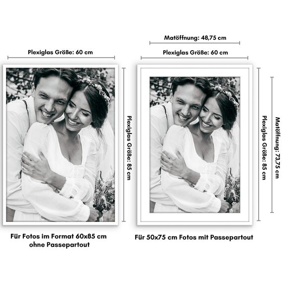 Americanflat Bilderrahmen 60x85 cm Weiß - Bilderrahmen 50x75 cm mit Passepartout - aus Kunststoff mit poliertem Plexi-Scheibe
