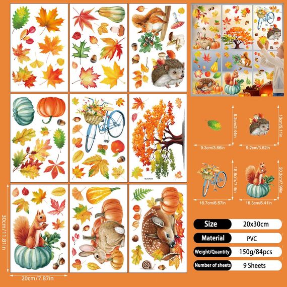 9 Aufklebern Thanksgiving Herbstdeko Fenster Aufkleber,Fensterbilder Herbst Selbstklebend Thanksgiving Herbstdekorationen Herbst Fensterbilder Herbstblätter Deko Fenster Aufkleber (B)