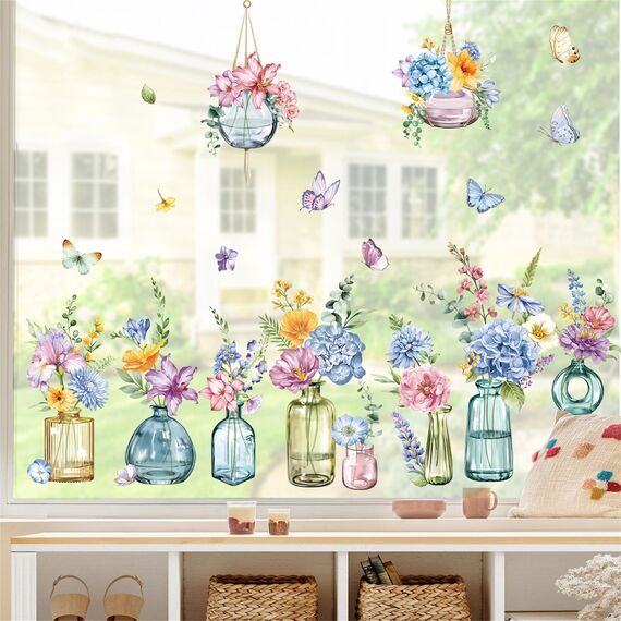 decalmile Fensteraufkleber Frühling Garten Blumen Topfpflanze Fenster Abziehbilder Hängende Pflanzen Blumen Schmetterlinge Anti-Kollision Fensterfolie Glas Fensterdeko Aufkleber