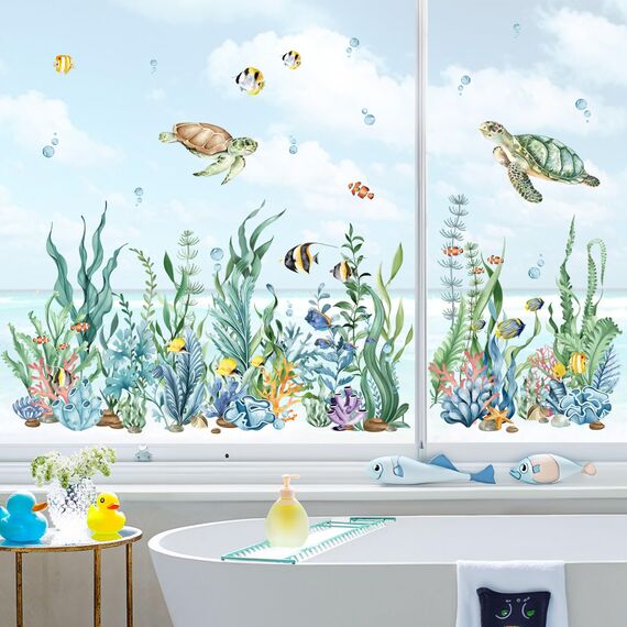 decalmile Fensteraufkleber Unterwasserwelt Seegras Fenster Sommer Abziehbilder Unter dem Meer Seetang Meeresschildkröten Fensterbilder Fisch Fenstersticker Badezimmer Glas Fensterdeko Aufkleber