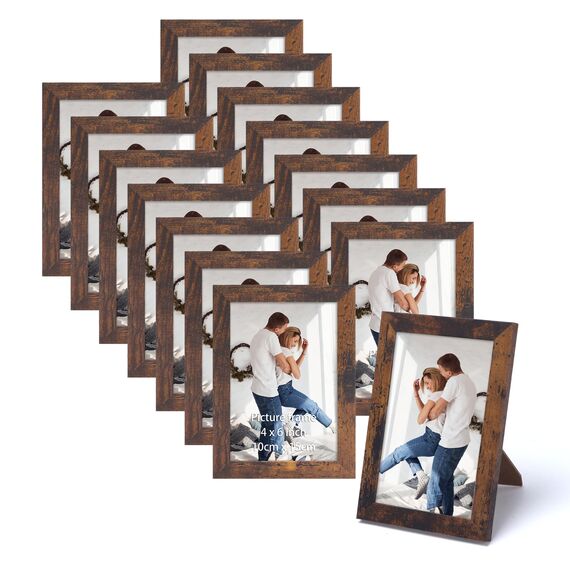 HORLIMER 15er Bilderrahmen Set 10x15 cm, Bruan Bilderrahmen mit Holzmaserung, Fotorahmen Collage für 15x10 Fotos und Bilder, Wand- oder Tischaufstellung