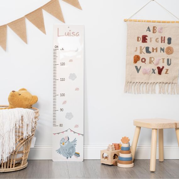 Kidsmood - Personalisierte Messlatte Kinder aus Aluverbund – Hochwertige Messleiste & Wand-Deko für Kinderzimmer mit niedlicher Eule – Tolles Taufgeschenk für Mädchen & Jungen - Skala 65-140cm