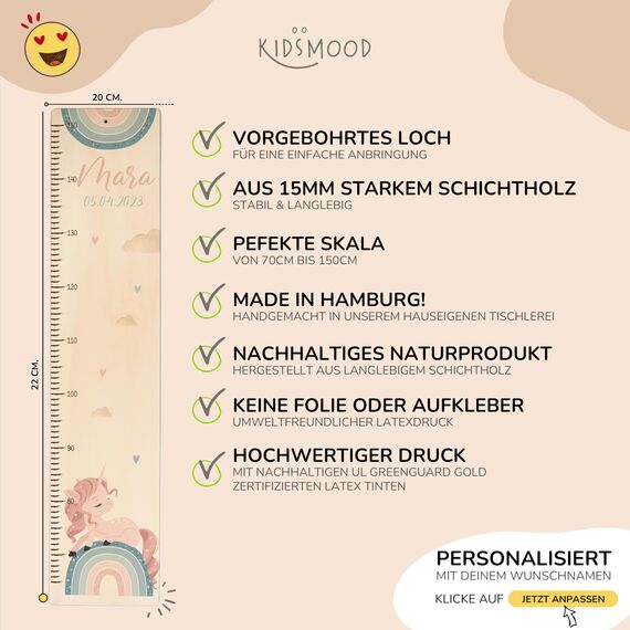 Kidsmood - Personalisierte Messlatte Kinder aus Holz – Hochwertige Messleiste & Wand-Deko für Baby- & Kinderzimmer mit zauberhaftem Einhorn-Regenbogen – Tolles Taufgeschenk für Mädchen (65-140cm)