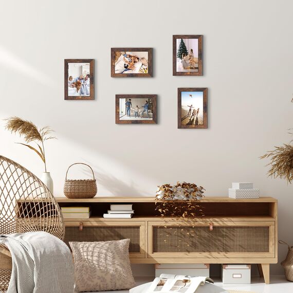 HORLIMER 15er Bilderrahmen Set 10x15 cm, Bruan Bilderrahmen mit Holzmaserung, Fotorahmen Collage für 15x10 Fotos und Bilder, Wand- oder Tischaufstellung