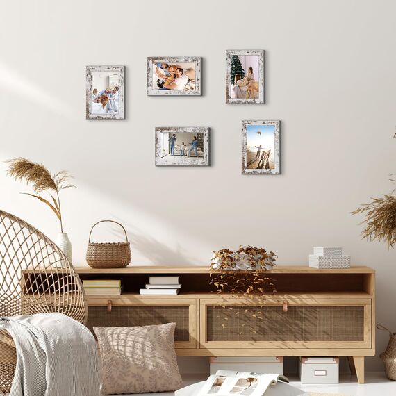 HORLIMER 15er Set Bilderrahmen 10x15 cm, Vintage-Weiß mit Verwitterter Maserung, Rustikale Fotorahmen Collage für 15x10 Fotos und Bilder, Wand- oder Tischaufstellung