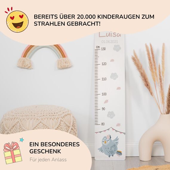 Kidsmood - Personalisierte Messlatte Kinder aus Aluverbund – Hochwertige Messleiste & Wand-Deko für Kinderzimmer mit niedlicher Eule – Tolles Taufgeschenk für Mädchen & Jungen - Skala 65-140cm