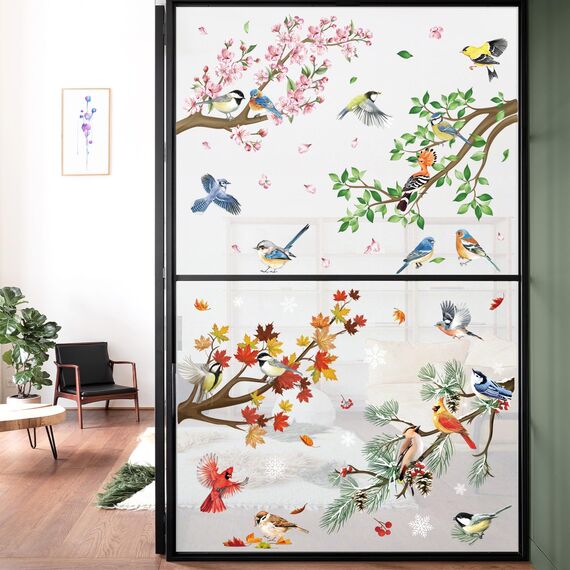 decalmile Fensteraufkleber Vögel auf Ast Fenster Abziehbilder Blumen Kirschblüten Zweige Blätter Kolibri Anti-Kollision Fensterfolie Glas Fensterdeko Aufkleber
