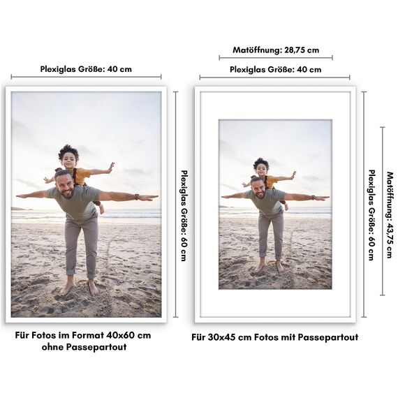 Americanflat Bilderrahmen 40x60 cm Weiß - Bilderrahmen 30x45 cm mit Passepartout - aus Kunststoff mit poliertem Plexi-Scheibe