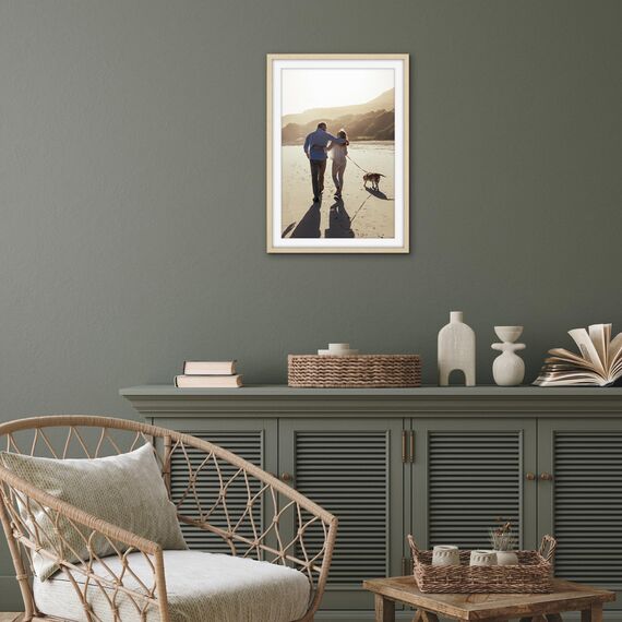 Americanflat Bilderrahmen 35x50 cm Eiche/Natur - Bilderrahmen 30x45 cm mit Passepartout - aus Kunststoff mit poliertem Plexi-Scheibe