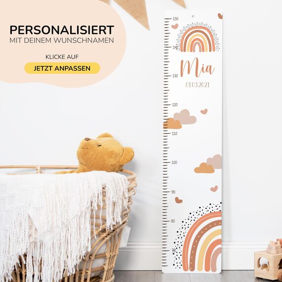 Kidsmood - Personalisierte Messlatte Kinder aus Aluverbund – Hochwertige Messleiste & Wand-Deko für Kinderzimmer mit fröhlichem Regenbogen – Tolles Taufgeschenk für Mädchen & Jungen - Skala 65-140cm