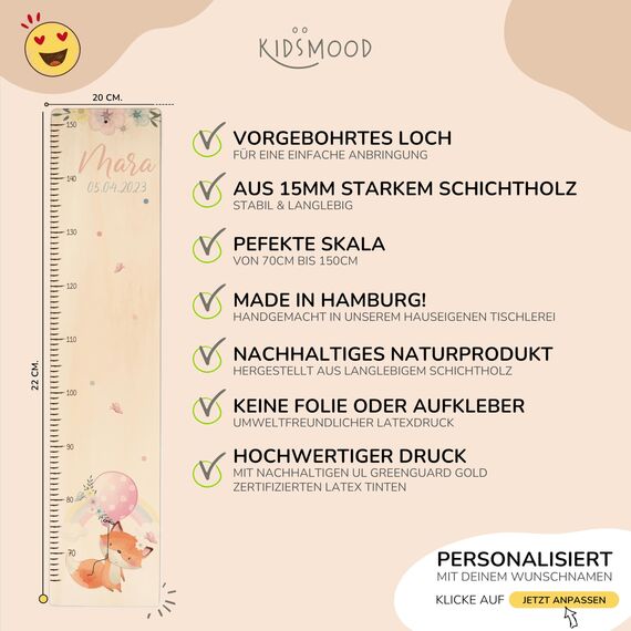 Kidsmood - Personalisierte Messlatte Kinder aus Holz – Hochwertige Messleiste & Wand-Deko für Baby- & Kinderzimmer mit abenteuerlichem Fuchs – Tolles Taufgeschenk für Mädchen & Jungen - Skala 65-140cm