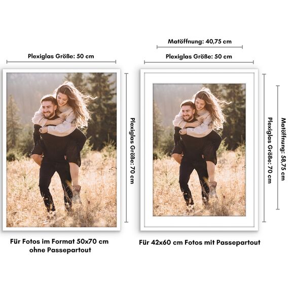 Americanflat Bilderrahmen 50x70 cm Weiß - Bilderrahmen 42x60 cm mit Passepartout - aus Kunststoff mit poliertem Plexi-Scheibe