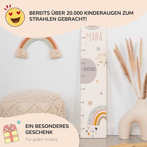 Kidsmood - Personalisierte Messlatte Kinder aus Holz – Hochwertige Messleiste & Wand-Deko für Baby- & Kinderzimmer mit fröhlichem Regenbogen – Tolles Taufgeschenk für Mädchen & Jungen - Skala 65-140cm