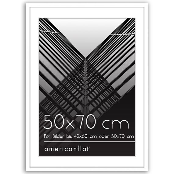 Americanflat Bilderrahmen 50x70 cm Weiß - Bilderrahmen 42x60 cm mit Passepartout - aus Kunststoff mit poliertem Plexi-Scheibe