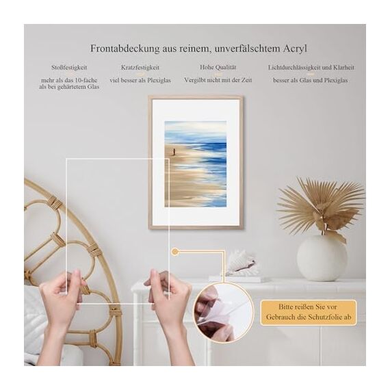 NESCL Bilderrahmen für DIN A3 30 x 42 cm Natur Holz Eiche Dünner Rahmen | Posterrahmen Groß Collage | Amerikanische Weiß-Eiche Picture Frame 29,7 x 42cm mit Acrylglas-Frontplatte, 1-Pack