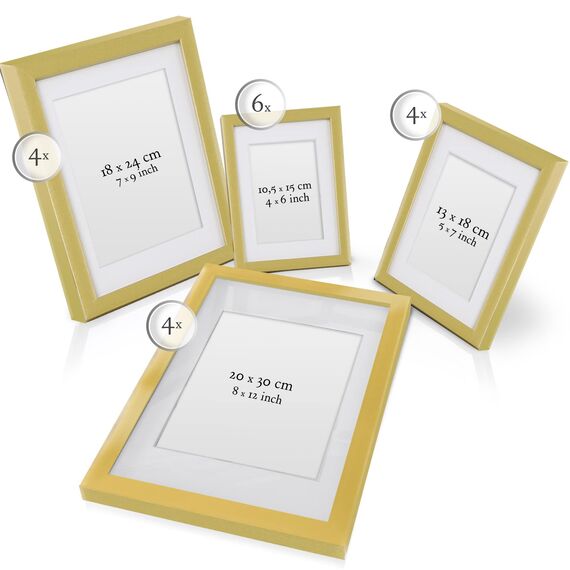 bomoe 18er Bilderrahmen Set – 6x 10x15 cm, 4x 13x18 cm, 4x 18x24 cm, 4x 20x30 cm Fotowand Bilder Set Holz & Kunststoffglas Holzbilderrahmen mit Passepartout Gold