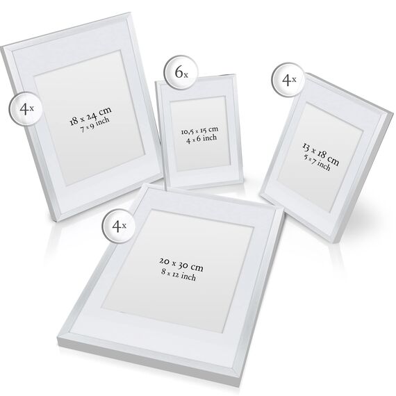 bomoe 18er Bilderrahmen Set – 6x 10x15 cm, 4x 13x18 cm, 4x 18x24 cm, 4x 20x30 cm Fotowand Bilder Set Holz & Kunststoffglas Holzbilderrahmen mit Passepartout Silber