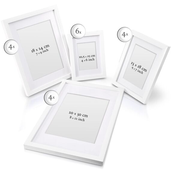 bomoe 18er Bilderrahmen Set – 6x 10x15 cm, 4x 13x18 cm, 4x 18x24 cm, 4x 20x30 cm Fotowand Bilder Set Holz & Kunststoffglas Holzbilderrahmen mit Passepartout Weiß
