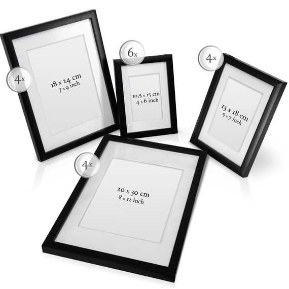 bomoe 18er Bilderrahmen Set – 6x 10x15 cm, 4x 13x18 cm, 4x 18x24 cm, 4x 20x30 cm Fotowand Bilder Set Holz & Kunststoffglas Holzbilderrahmen mit Passepartout Schwarz