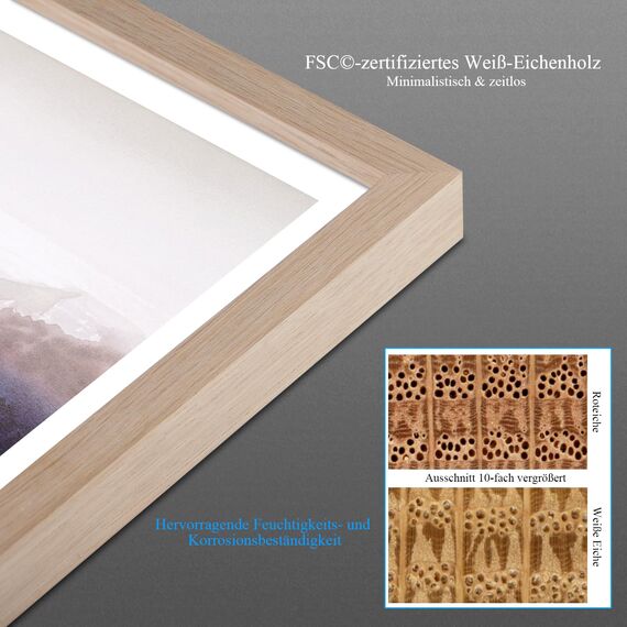 NESCL Bilderrahmen Eiche Holz für DIN A4 21 x 30 cm Natur Amerikanische Weiß-Eiche Dünner Rahmen | Frontplatte aus gehärtetem Glas | Picture Frame 21 x 29,7cm | Holzrahmen Holz-Bilderrahmen | 1-Pack