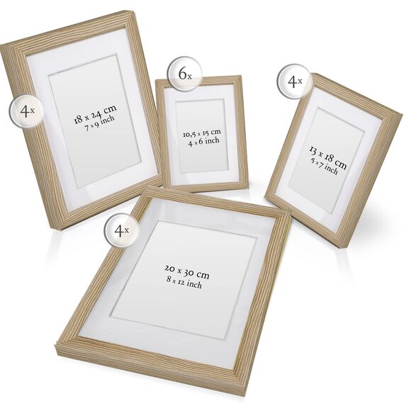 bomoe 18er Bilderrahmen Set – 6x 10x15 cm, 4x 13x18 cm, 4x 18x24 cm, 4x 20x30 cm Fotowand Bilder Set Holz & Kunststoffglas Holzbilderrahmen mit Passepartout Eiche