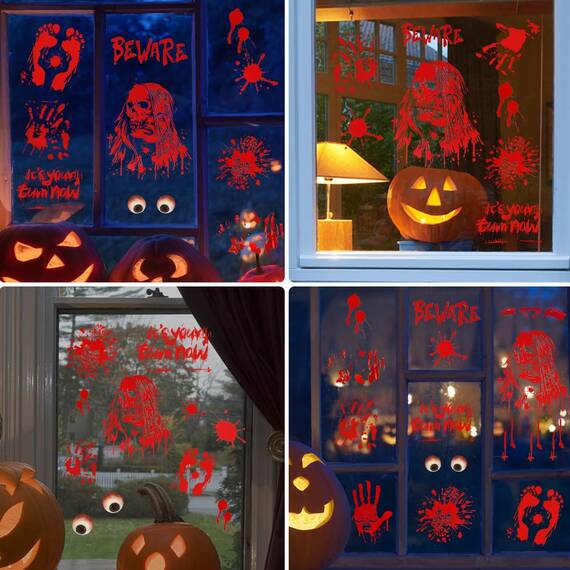 AUAUY Halloween Blutige Fensteraufkleber, 9 Blätter Halloween Bloody Handprints Fußabdrücke Aufkleber Horror PVC Aufkleber Bloody Handprint Decals Bloodstains Fenster Decals Bodenaufkleber Clings