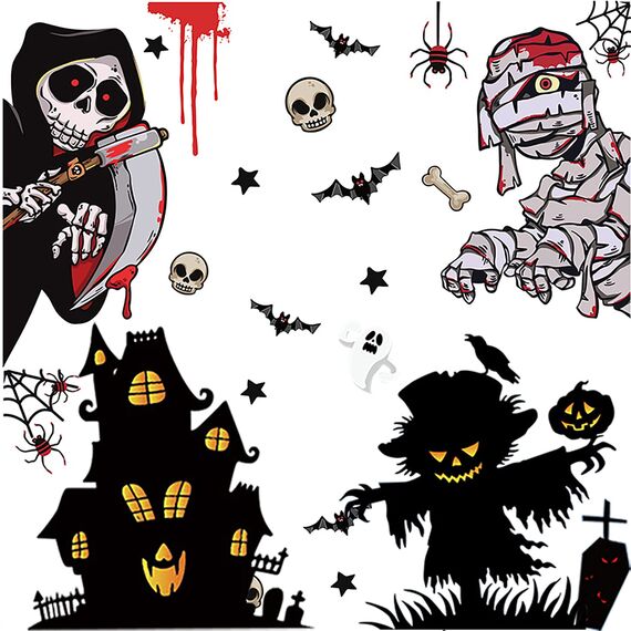 Halloween Fenster Aufkleber Dekoration - 55stk Groß Stickers Wasserdichtes Selbstklebendes für Fenster