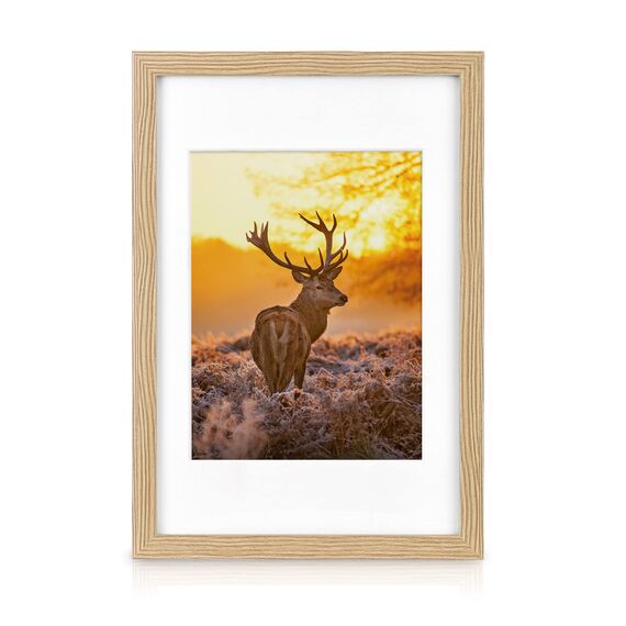 bomoe 18er Bilderrahmen Set – 6x 10x15 cm, 4x 13x18 cm, 4x 18x24 cm, 4x 20x30 cm Fotowand Bilder Set Holz & Kunststoffglas Holzbilderrahmen mit Passepartout Eiche