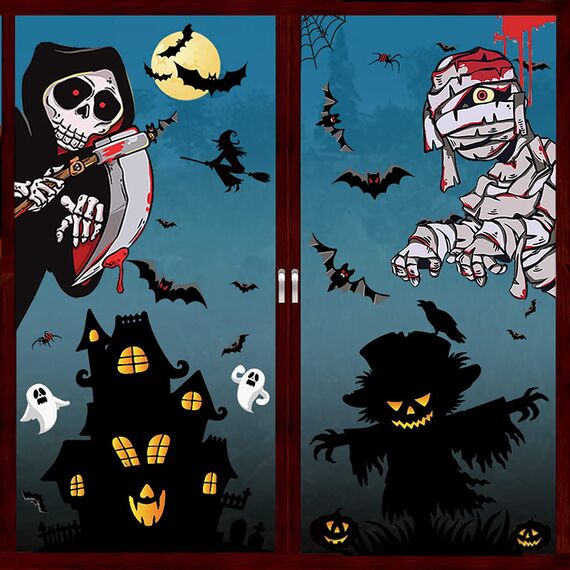 Halloween Fenster Aufkleber Dekoration - 55stk Groß Stickers Wasserdichtes Selbstklebendes für Fenster